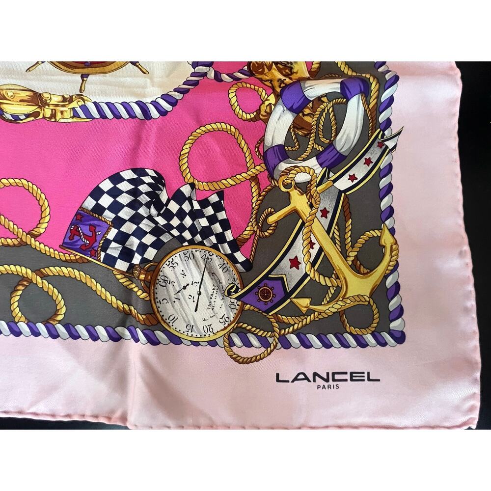LANCEL Nautical Square Silk Scarf Pink Rope Anchor Clock 34.3in - Picture 2 of 5